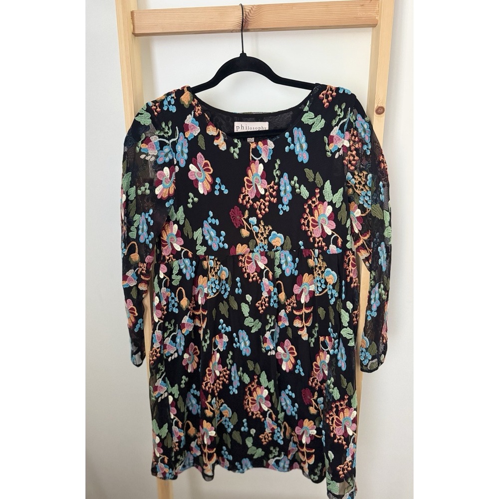 ANTHROPOLOGIE Philosophy Black Sheer Floral Embroidery Overlay Mini Dress Petite
